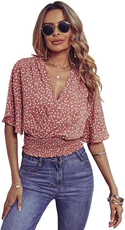 Women's Wrap V Neck Shirred Boho Blouses Floral Print Short Sleeve Crop Tops