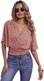 Women's Wrap V Neck Shirred Boho Blouses Floral Print Short Sleeve Crop Tops