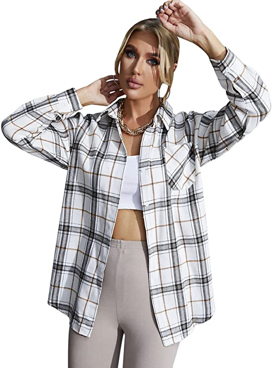 Women's Plaid Button Down Long Sleeve Blouse Lapel Collar Tunic Top Shirt