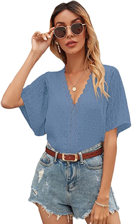 Women's Short Sleeve V Neck Summer Lace Tops Swiss Dots Casual Blouses Tee Shirts