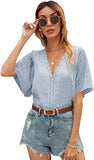 Women's Short Sleeve V Neck Summer Lace Tops Swiss Dots Casual Blouses Tee Shirts