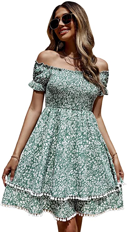 Women's Allover Print Off Shoulder Split Shirred A Line Maxi Dress Sho – Divahotcouture