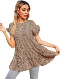 Women's Ruffle Cap Short Sleeve Peplum Top Leopard Mock Neck Blouse Shirt