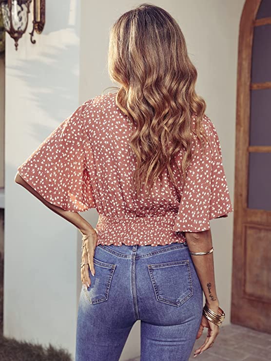 Women's Wrap V Neck Shirred Boho Blouses Floral Print Short Sleeve Crop Tops