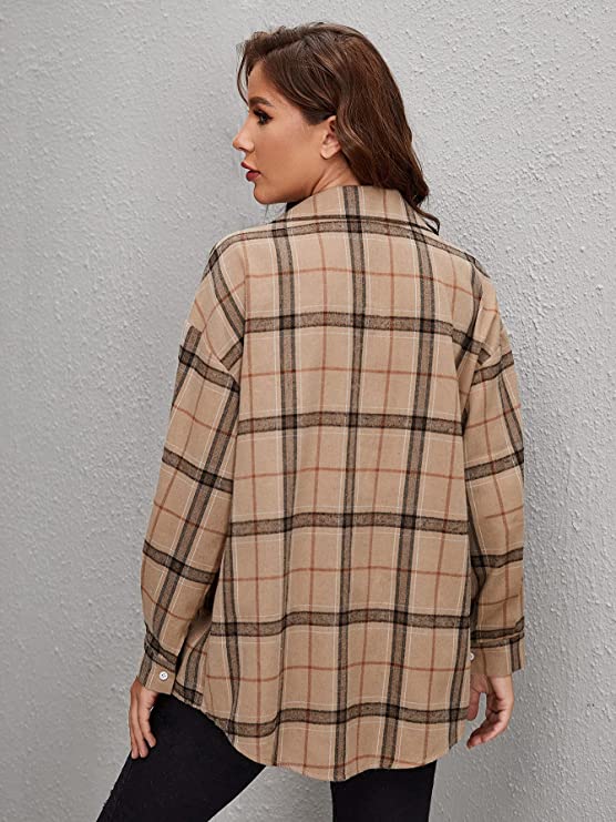 Women's Plaid Button Down Long Sleeve Blouse Lapel Collar Tunic Top Shirt