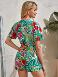 Women's Tropical Print Tie Front Romper Deep V Neck Short Sleeve Jumpsuit Playsuit