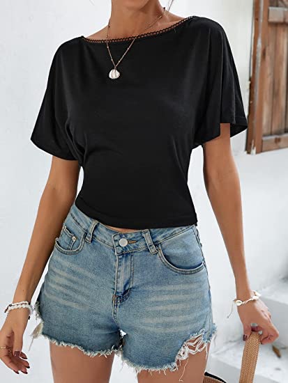 Women's Backless Short Sleeve Crop Tops Boat Neck Tie Back Solid Tee Shirts