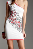White One Shoulder Leopard Print Rhinestone Dress