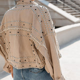 Women's Fashion Denim Jacket Coat Hand Beaded Rivet Short Black Denim Jacket Student Basic Coat