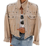 Women's Fashion Denim Jacket Coat Hand Beaded Rivet Short Black Denim Jacket Student Basic Coat