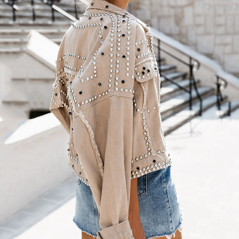 Women's Fashion Denim Jacket Coat Hand Beaded Rivet Short Black Denim Jacket Student Basic Coat