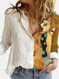 Fashion Loose Animal Cat Dig Print Women Shirt Autumn Office White Blouses Sleeve Turn Down Collar Casual Print Cardigan Top