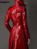 Autumn Long Red Crocodile Print Leather Trench Coat for Women Belt Double Breasted Elegant (Upto 7XL)