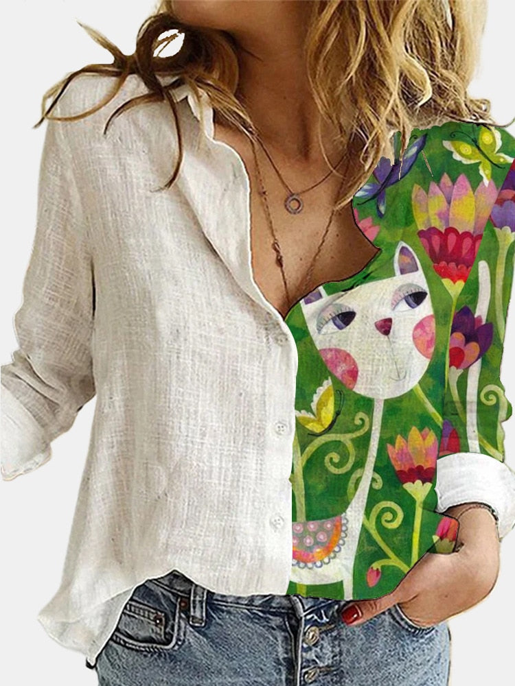 Fashion Loose Animal Cat Dig Print Women Shirt Autumn Office White Blouses Sleeve Turn Down Collar Casual Print Cardigan Top