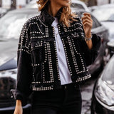 Women's Fashion Denim Jacket Coat Hand Beaded Rivet Short Black Denim Jacket Student Basic Coat