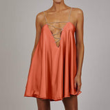 Elegant Diamante Chain Satin Low Back Swing Dress with Iridescent Crystal Straps and Neck Sexy Celebrity Party Club Valentine Day Dress