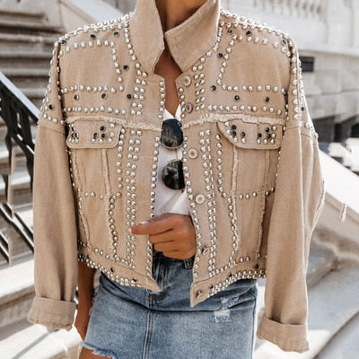 Women's Fashion Denim Jacket Coat Hand Beaded Rivet Short Black Denim Jacket Student Basic Coat