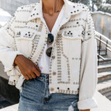 Women's Fashion Denim Jacket Coat Hand Beaded Rivet Short Black Denim Jacket Student Basic Coat