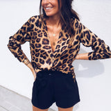 Vintage Women Ladies Leopard Print Loose Long Sleeve V-Neck Sexy Tops Blouses Female Fashion Shirts Blouses Top
