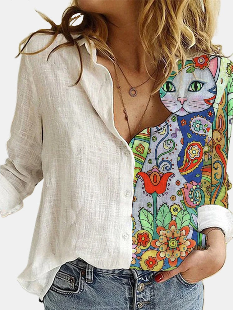 Fashion Loose Animal Cat Dig Print Women Shirt Autumn Office White Blouses Sleeve Turn Down Collar Casual Print Cardigan Top