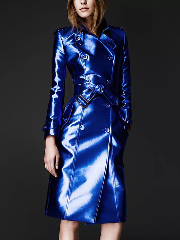 Spring Autumn Long Shiny Reflective Leather Trench Coat for Women Belt Double Breasted Cool European Fashion 2022