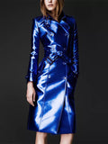 Spring Autumn Long Shiny Reflective Leather Trench Coat for Women Belt Double Breasted Cool European Fashion 2022