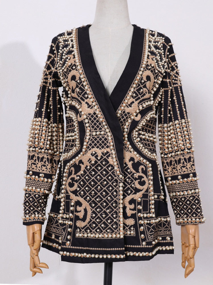 New Beaded Geometricr Long Sleeves V-Neck Vintage Ladies Outwear vintage fashion Overcoats