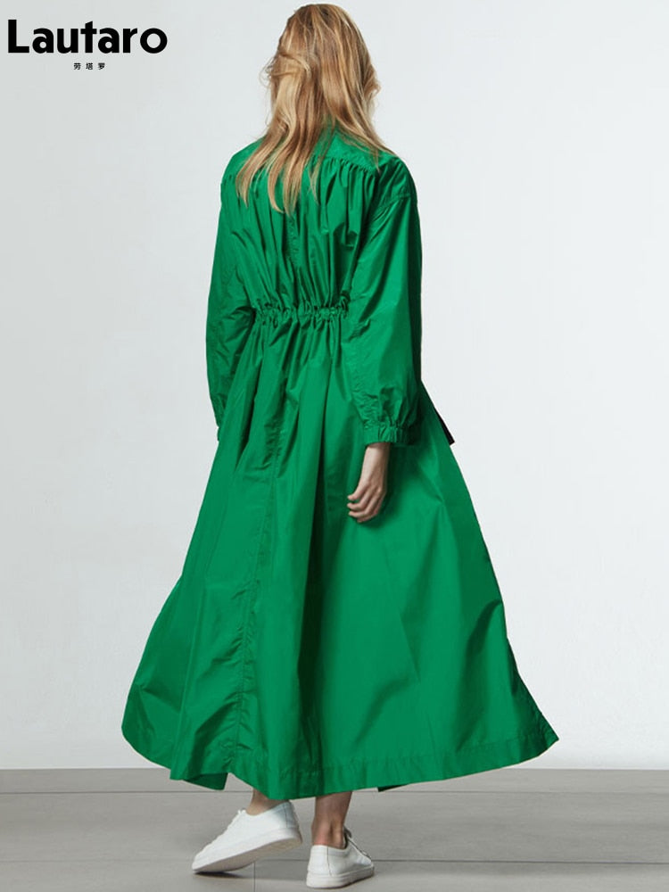 Spring Autumn Extra Long Oversized Green Trench Coat for Women with Big Pockets Drawstring Luxury Designer