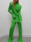 Casual Two Piece Set Women 2023 Spring Crop Sweater   High Waist Lady Suits Knit Panelled Side Split Trouser Suits Female