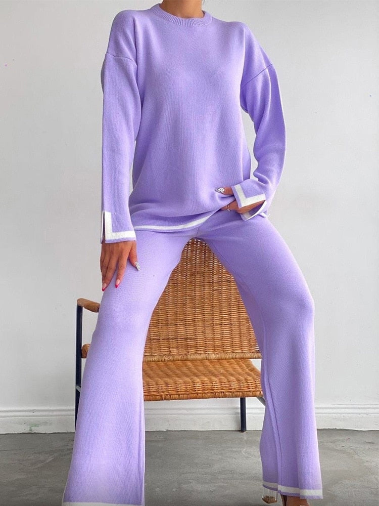 Casual Two Piece Set Women 2023 Spring Crop Sweater   High Waist Lady Suits Knit Panelled Side Split Trouser Suits Female
