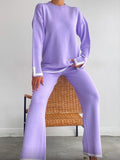 Casual Two Piece Set Women 2023 Spring Crop Sweater   High Waist Lady Suits Knit Panelled Side Split Trouser Suits Female