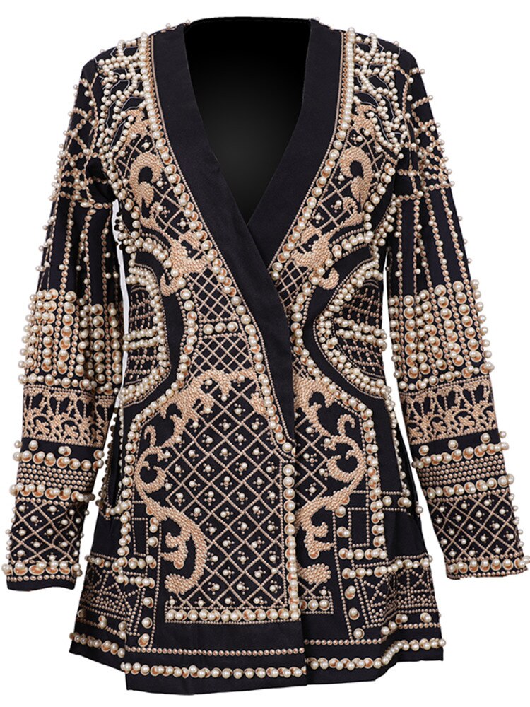 New Beaded Geometricr Long Sleeves V-Neck Vintage Ladies Outwear vintage fashion Overcoats
