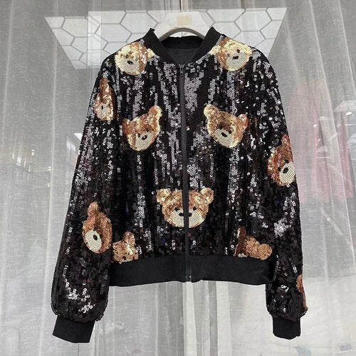 Cartoon Bear Sequined Long Sleeve Loose Baseball Collar Zipper Coat Women's 2023 Spring New Jacket