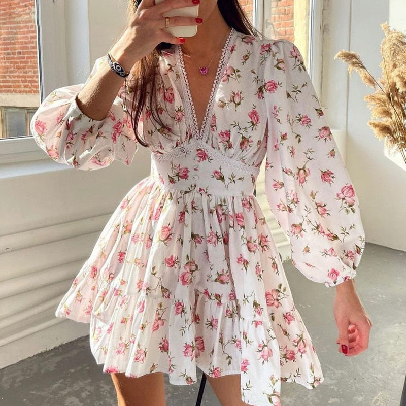 Floral Women's Dresses Sweet Print V-Neck Lace Short Dress Female Robe