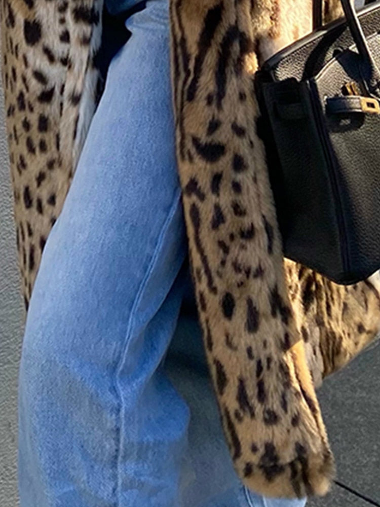 Winter Long Warm Thick Leopard Fluffy Faux Fur Coat Women Tiger Print Runway Loose Luxury Designer Clothing