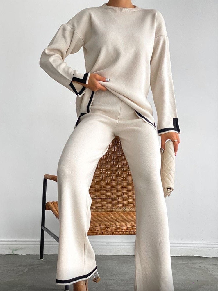 Casual Two Piece Set Women 2023 Spring Crop Sweater   High Waist Lady Suits Knit Panelled Side Split Trouser Suits Female