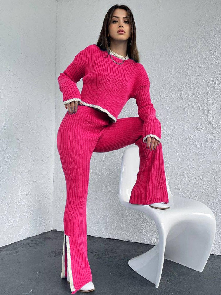 Casual Two Piece Set Women 2023 Spring Crop Sweater   High Waist Lady Suits Knit Panelled Side Split Trouser Suits Female
