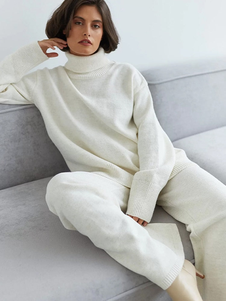 Casual Two Piece Set Women 2023 Spring Crop Sweater   High Waist Lady Suits Knit Panelled Side Split Trouser Suits Female