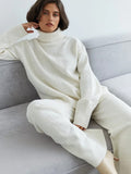 Casual Two Piece Set Women 2023 Spring Crop Sweater   High Waist Lady Suits Knit Panelled Side Split Trouser Suits Female