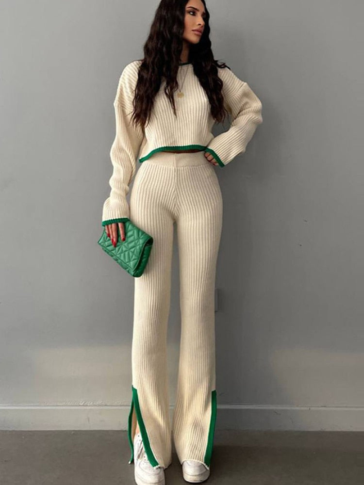 Casual Two Piece Set Women 2023 Spring Crop Sweater   High Waist Lady Suits Knit Panelled Side Split Trouser Suits Female