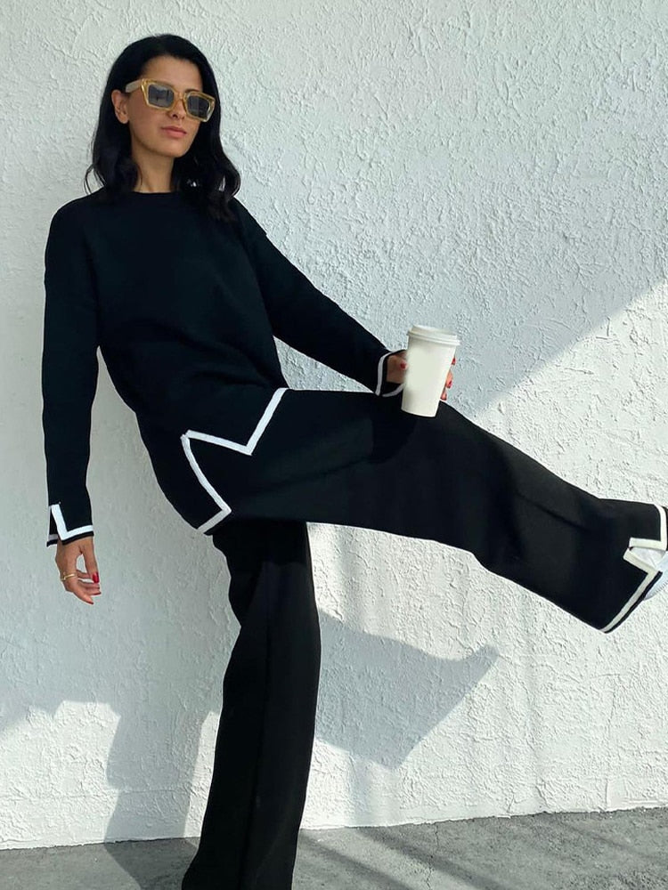 Casual Two Piece Set Women 2023 Spring Crop Sweater   High Waist Lady Suits Knit Panelled Side Split Trouser Suits Female