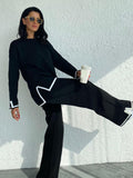 Casual Two Piece Set Women 2023 Spring Crop Sweater   High Waist Lady Suits Knit Panelled Side Split Trouser Suits Female