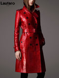 Autumn Long Red Crocodile Print Leather Trench Coat for Women Belt Double Breasted Elegant (Upto 7XL)