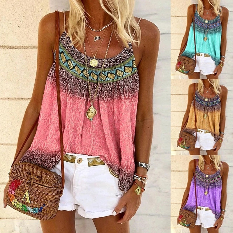 Casual Strap Tank Top Loose Beach Shirt Sleeveless Print Beach T-Shirt Top Bohemian Style Clothing(Up to 5XL )