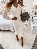 Beige Knitted Sweater Dress Autumn Winter Elastic Long Sleeve V Neck Elegant Hollow Midi Party Dresses Clothes For Women