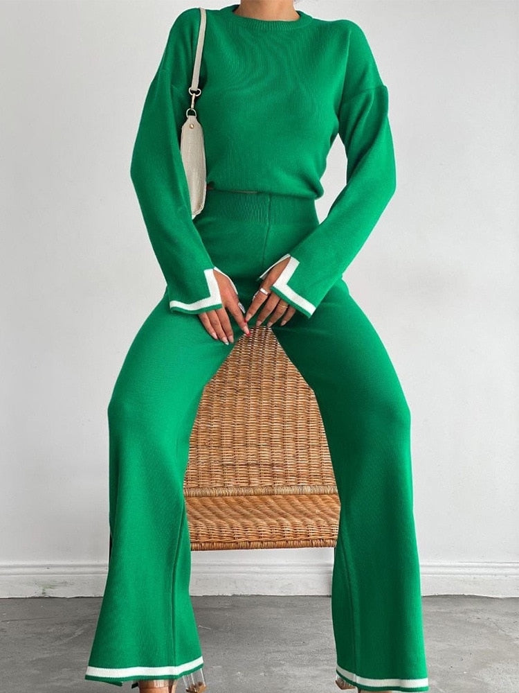 Casual Two Piece Set Women 2023 Spring Crop Sweater   High Waist Lady Suits Knit Panelled Side Split Trouser Suits Female