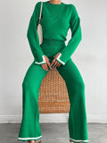 Casual Two Piece Set Women 2023 Spring Crop Sweater   High Waist Lady Suits Knit Panelled Side Split Trouser Suits Female
