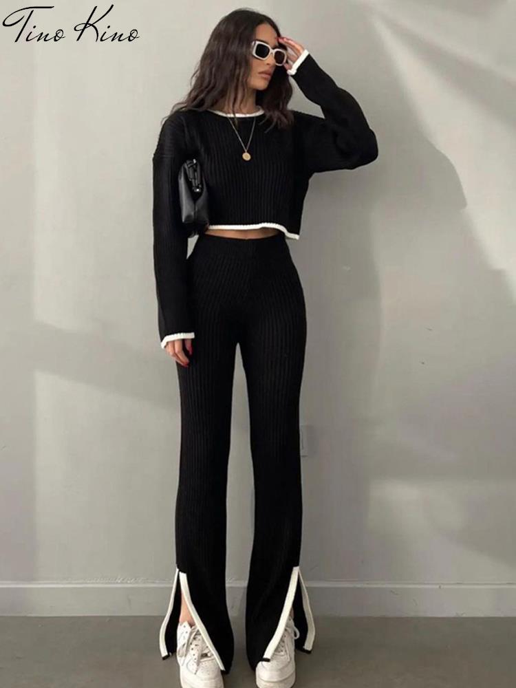 Casual Two Piece Set Women 2023 Spring Crop Sweater   High Waist Lady Suits Knit Panelled Side Split Trouser Suits Female
