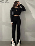 Casual Two Piece Set Women 2023 Spring Crop Sweater   High Waist Lady Suits Knit Panelled Side Split Trouser Suits Female