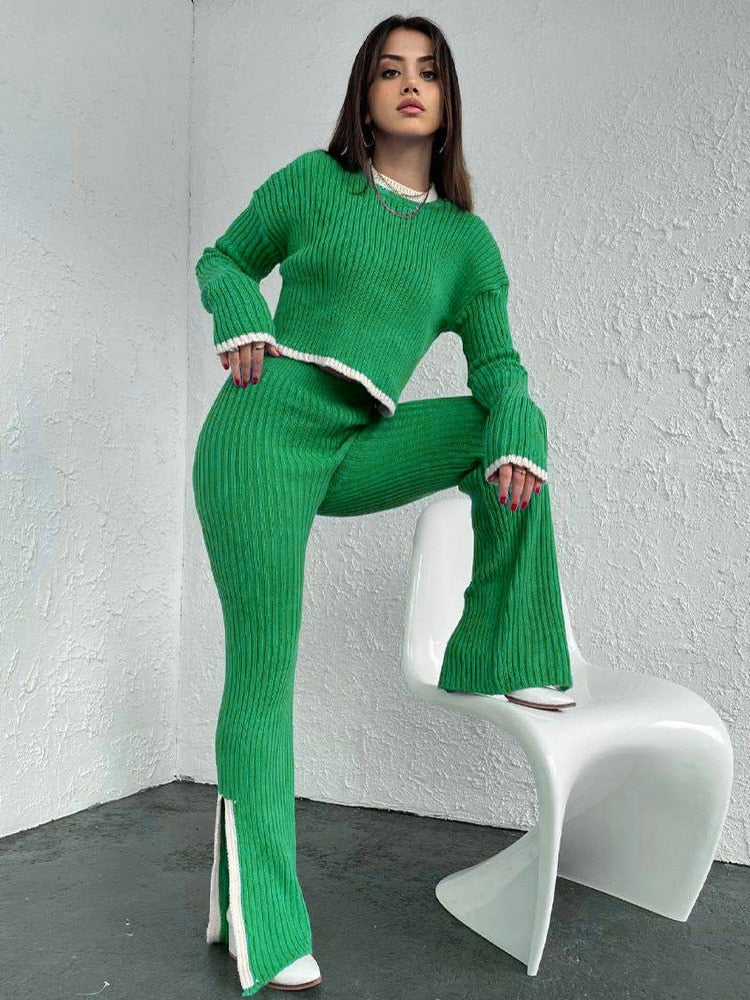 Casual Two Piece Set Women 2023 Spring Crop Sweater   High Waist Lady Suits Knit Panelled Side Split Trouser Suits Female